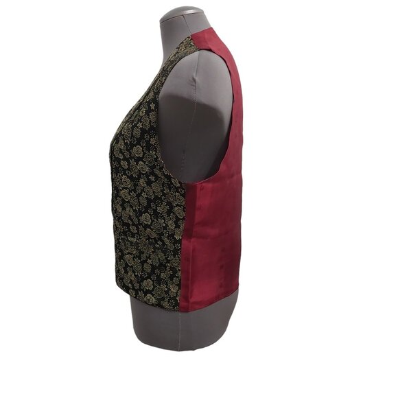 Vest - Black and Metallic Gold Brocade Fabric Burgundy Lining - Medium - Unisex - Picture 3 of 11